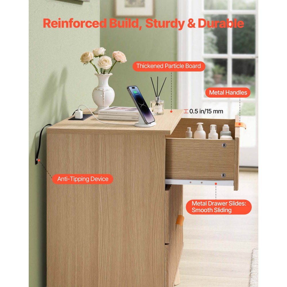VEVOR Fluted Nightstands with Charging Station, Set of 2, Dresser for Bedroom with 3 Drawers, Mid Century Modern End Table, Bedside Cabinet Side Table Chest of Dresser, for Bedroom, Living Room, Khaki