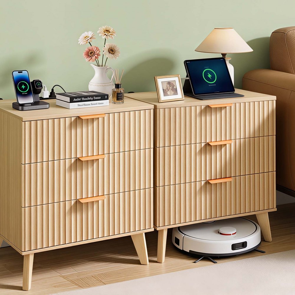 VEVOR Fluted Nightstands with Charging Station, Set of 2, Dresser for Bedroom with 3 Drawers, Mid Century Modern End Table, Bedside Cabinet Side Table Chest of Dresser, for Bedroom, Living Room, Khaki