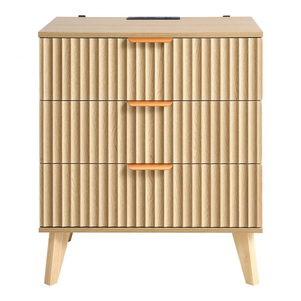 VEVOR Fluted Nightstands with Charging Station, Set of 2, Dresser for Bedroom with 3 Drawers, Mid Century Modern End Table, Bedside Cabinet Side Table Chest of Dresser, for Bedroom, Living Room, Khaki