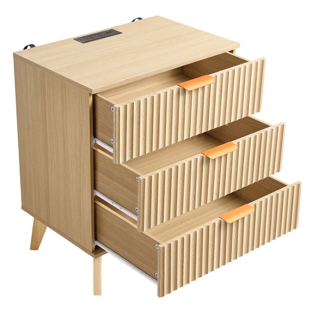 VEVOR Fluted Nightstands with Charging Station, Set of 2, Dresser for Bedroom with 3 Drawers, Mid Century Modern End Table, Bedside Cabinet Side Table Chest of Dresser, for Bedroom, Living Room, Khaki
