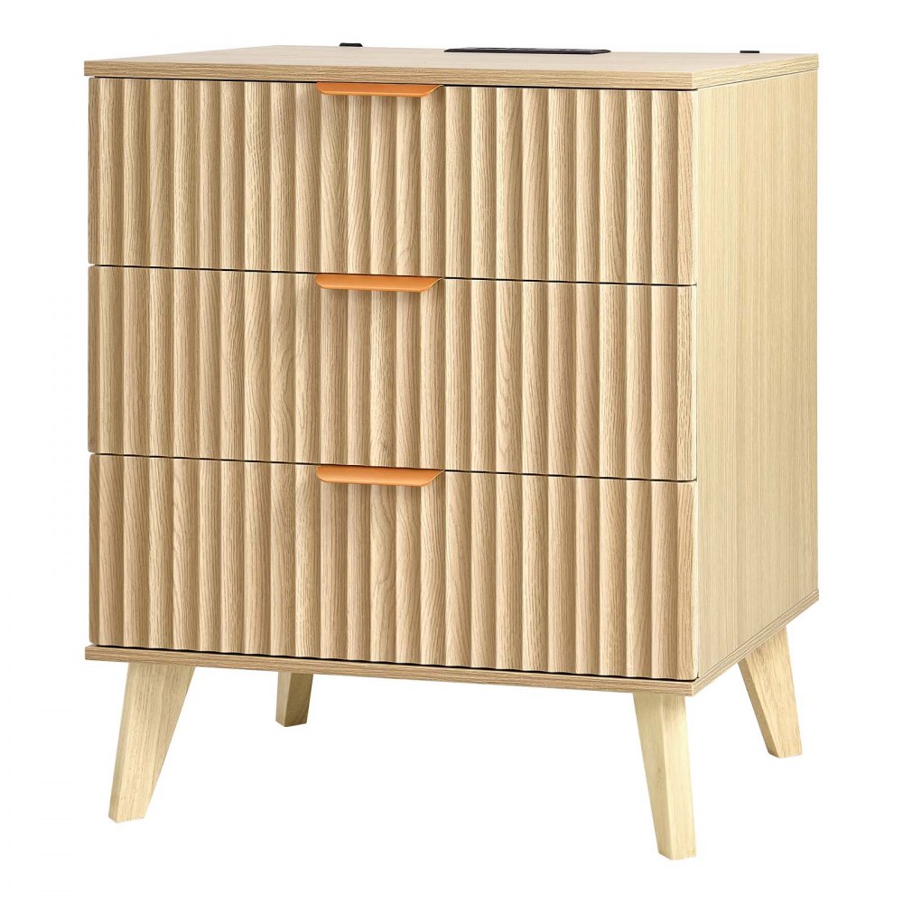 VEVOR Fluted Nightstands with Charging Station, Set of 2, Dresser for Bedroom with 3 Drawers, Mid Century Modern End Table, Bedside Cabinet Side Table Chest of Dresser, for Bedroom, Living Room, Khaki