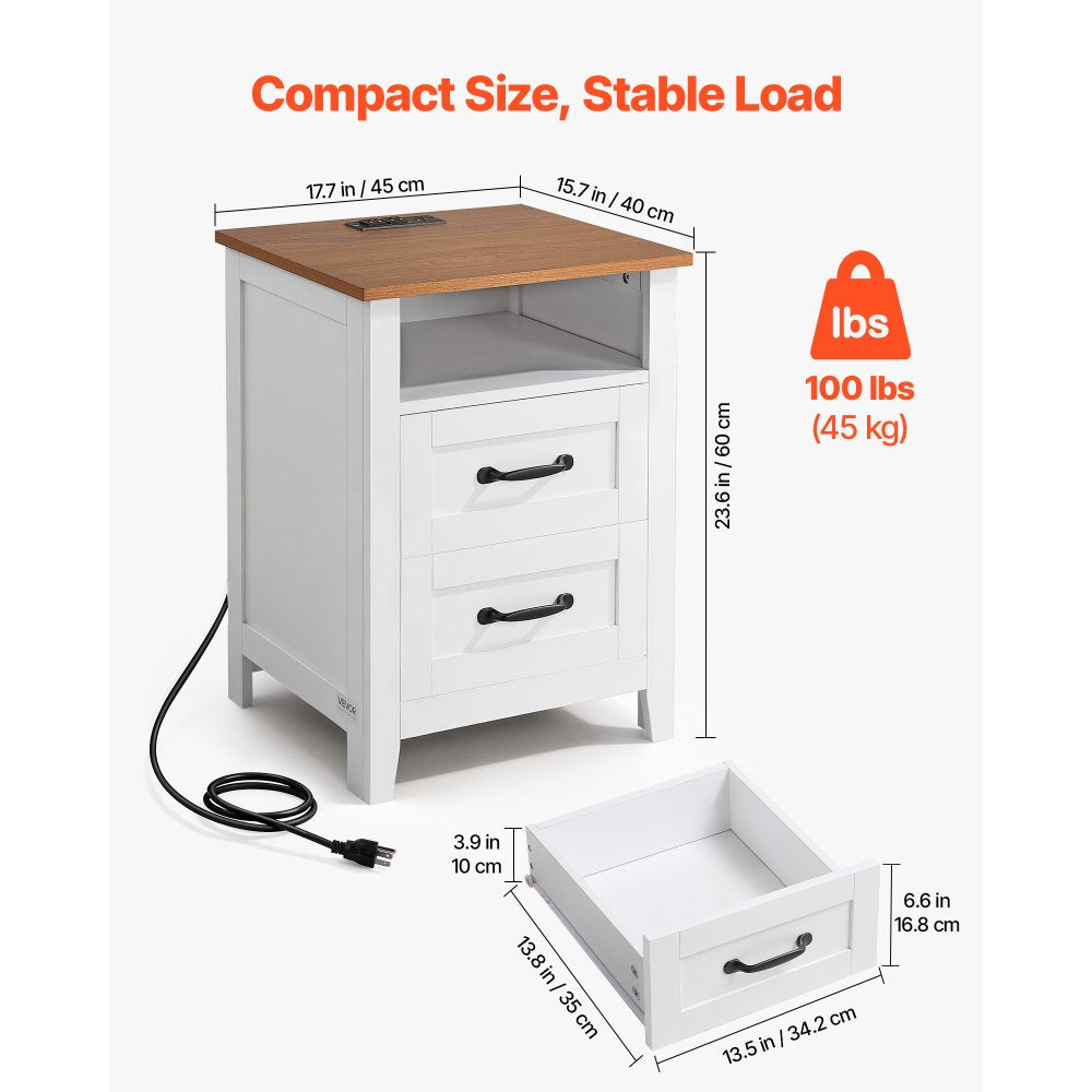 VEVOR Farmhouse Nightstands, with Charging Station, Set of 2, End Tables with 2 Drawers and Open Shelf, Bedside Storage Cabinets, Rustic Side Tables with USB Port, for Bedroom, Living Room, White