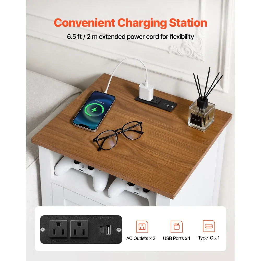 VEVOR Farmhouse Nightstands, with Charging Station, Set of 2, End Tables with 2 Drawers and Open Shelf, Bedside Storage Cabinets, Rustic Side Tables with USB Port, for Bedroom, Living Room, White