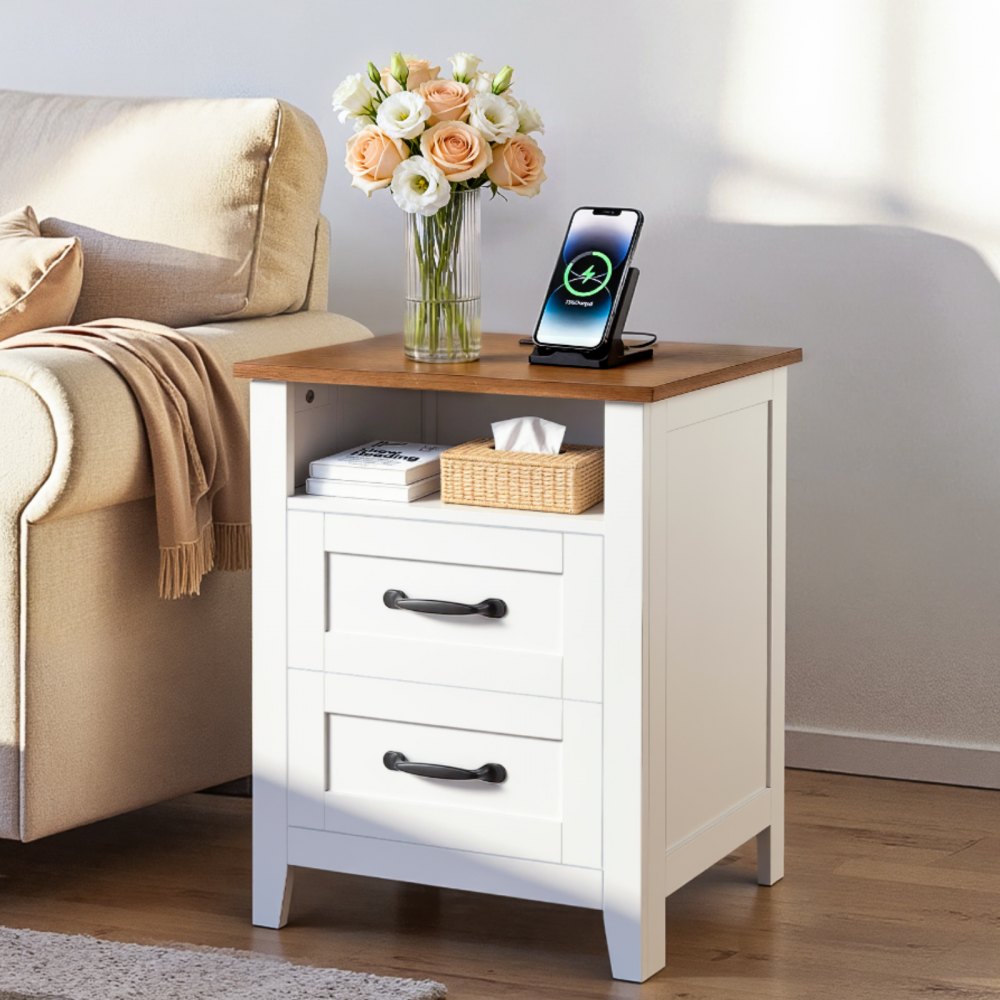 VEVOR Farmhouse Nightstands, with Charging Station, Set of 2, End Tables with 2 Drawers and Open Shelf, Bedside Storage Cabinets, Rustic Side Tables with USB Port, for Bedroom, Living Room, White