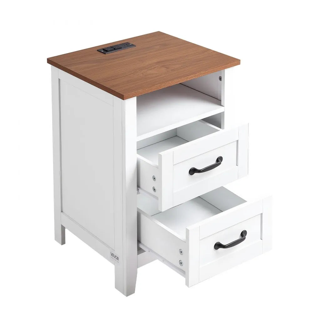 VEVOR Farmhouse Nightstands, with Charging Station, Set of 2, End Tables with 2 Drawers and Open Shelf, Bedside Storage Cabinets, Rustic Side Tables with USB Port, for Bedroom, Living Room, White
