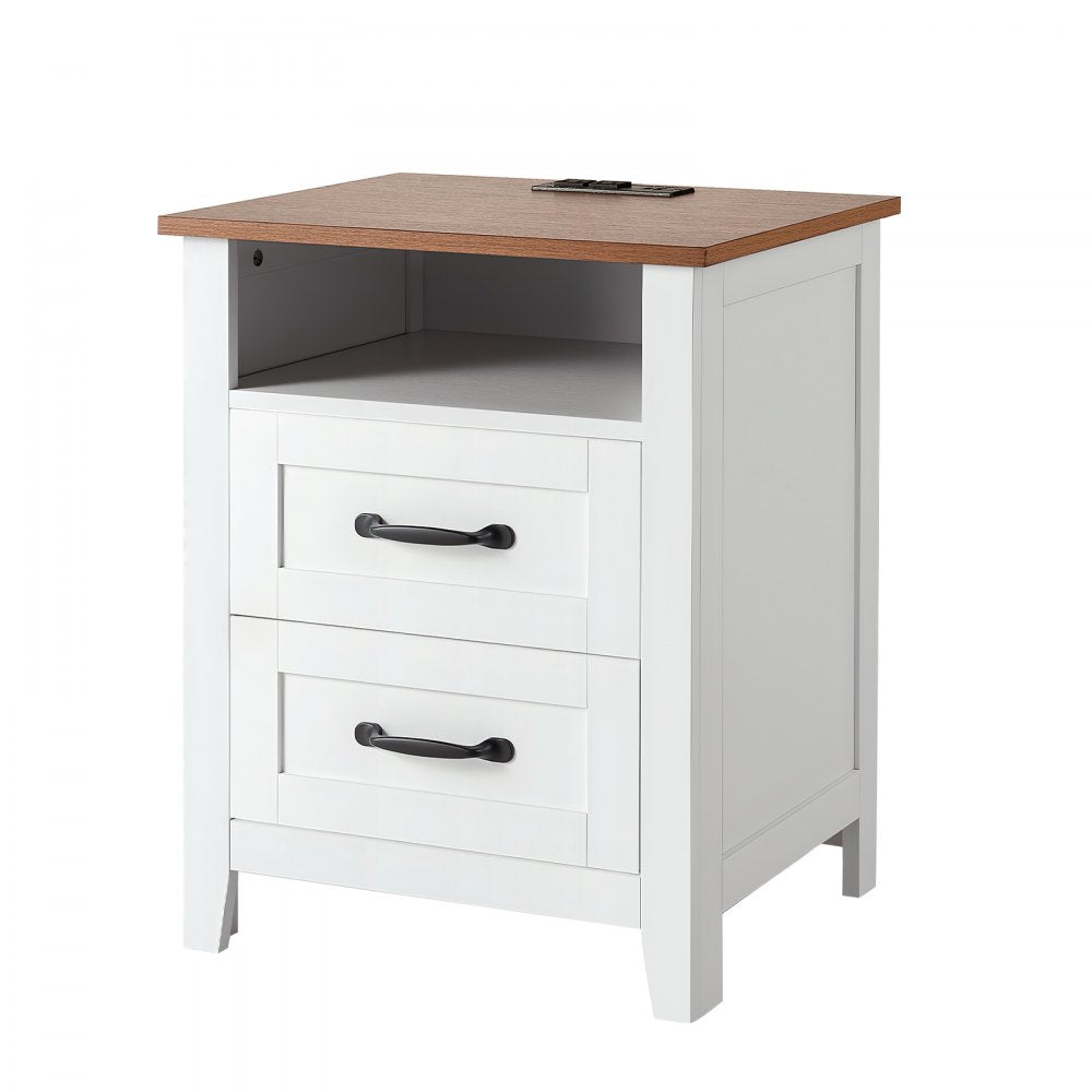 VEVOR Farmhouse Nightstands, with Charging Station, Set of 2, End Tables with 2 Drawers and Open Shelf, Bedside Storage Cabinets, Rustic Side Tables with USB Port, for Bedroom, Living Room, White