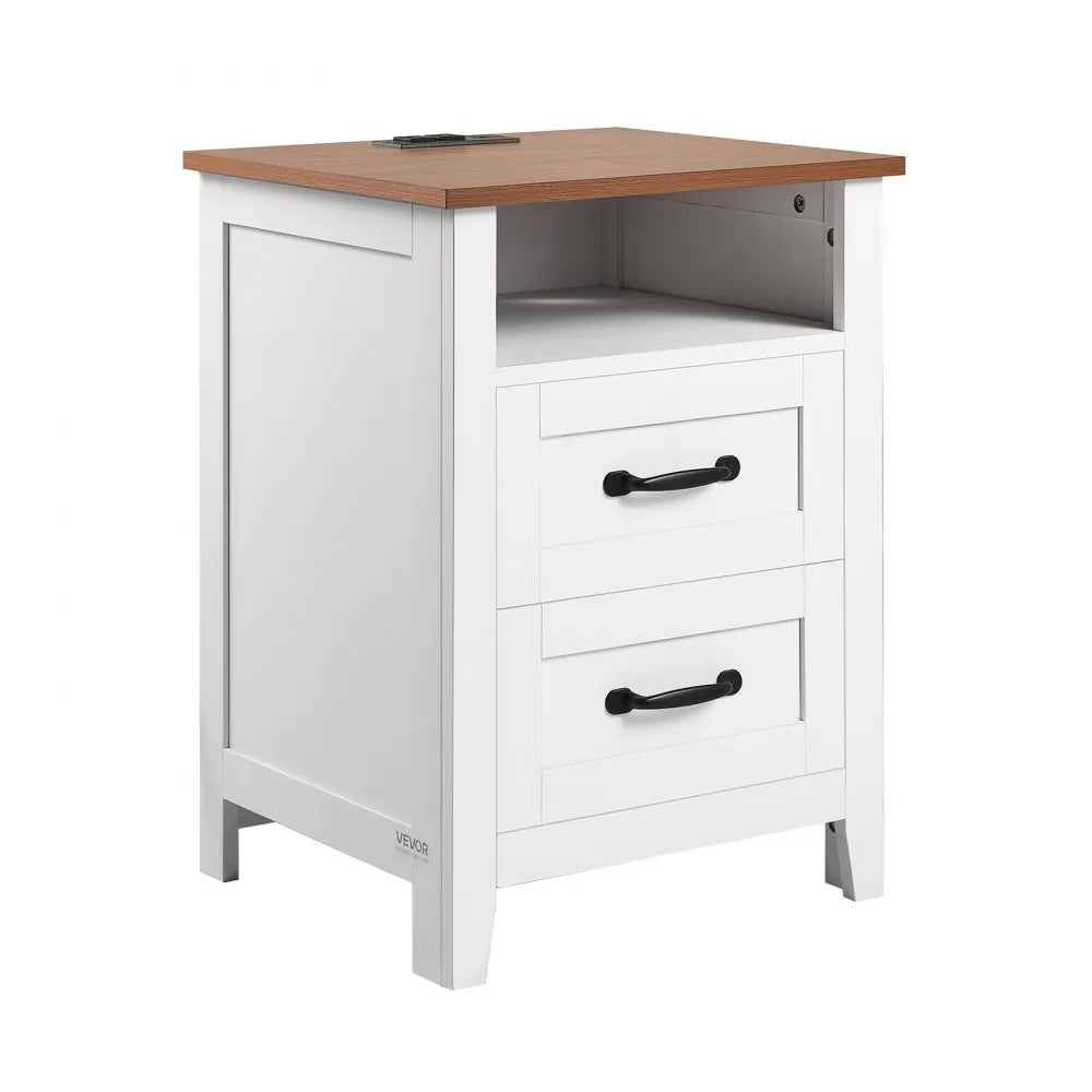 VEVOR Farmhouse Nightstands, with Charging Station, Set of 2, End Tables with 2 Drawers and Open Shelf, Bedside Storage Cabinets, Rustic Side Tables with USB Port, for Bedroom, Living Room, White