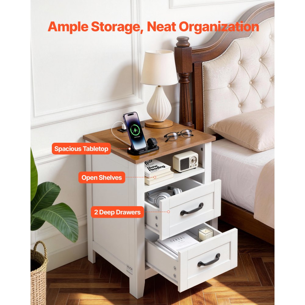 VEVOR Farmhouse Nightstand, with Charging Station, End Table with 2 Drawers and Open Shelf, Bedside Storage Cabinet, Rustic Side Table with USB Port and AC Outlets, for Bedroom, Living Room, White