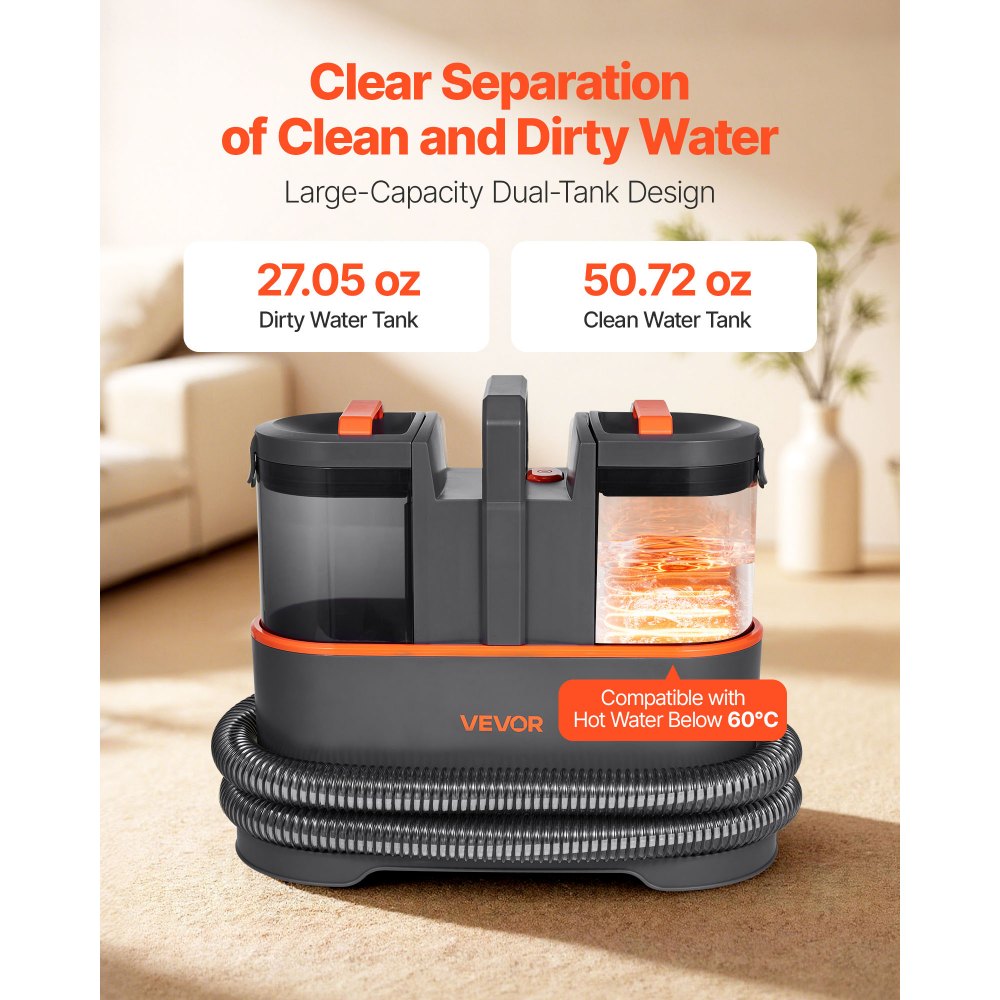VEVOR Carpet Cleaner Machine, 50.72 oz Clean Water Tank & 27.05 oz Dirty Water Tank, Portable Upholstery Shampooer, 11.5Kpa Handheld Furniture Extractor, Spot and Stain Deep Cleaner for Rug Couch Car