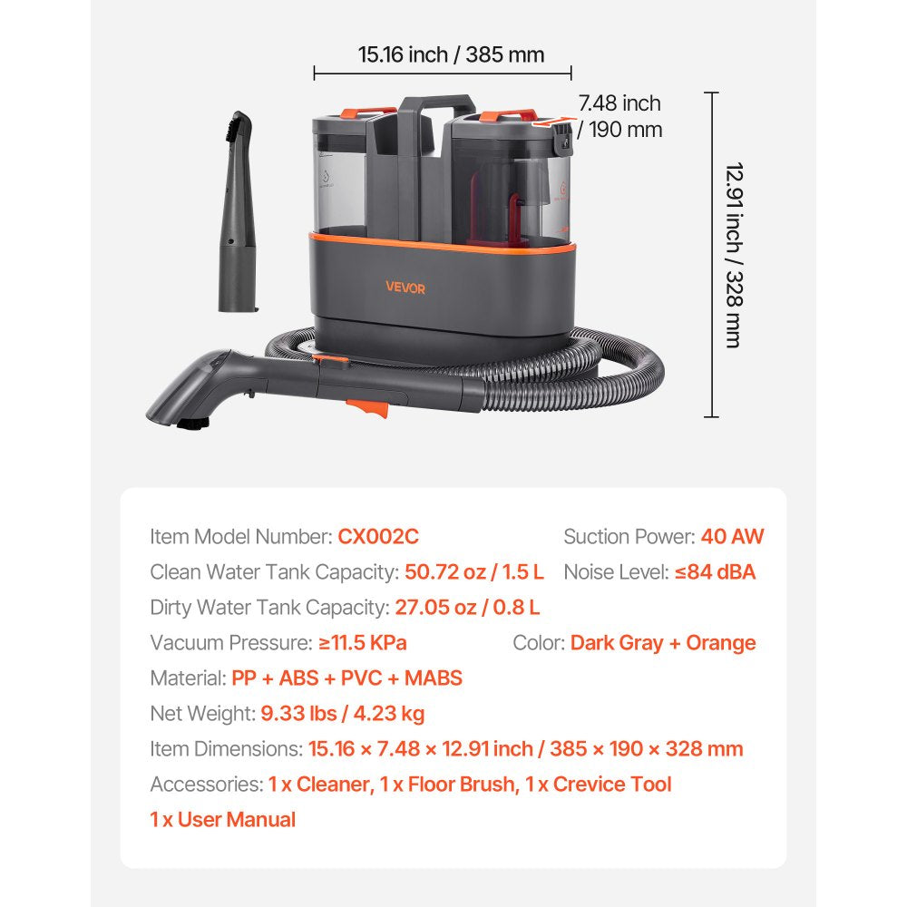 VEVOR Carpet Cleaner Machine, 50.72 oz Clean Water Tank & 27.05 oz Dirty Water Tank, Portable Upholstery Shampooer, 11.5Kpa Handheld Furniture Extractor, Spot and Stain Deep Cleaner for Rug Couch Car