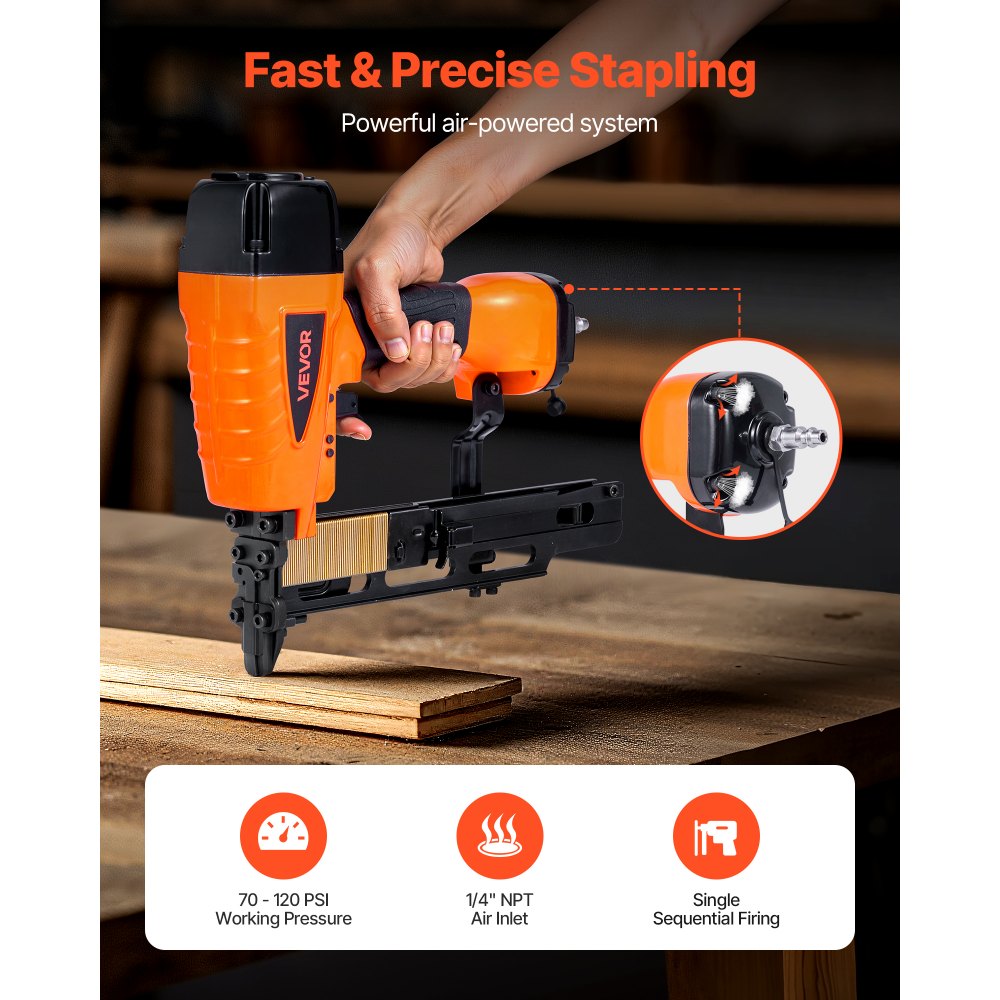 VEVOR Pneumatic Staple Gun, 16 Gauge 7/16-inch Medium Crown Pneumatic Stapler 1" to 2" Length, 70-120PSI Heavy Duty Air-Powered Staple Gun for Roof Decking, Wall Sheathing, Fencing and Subflooring