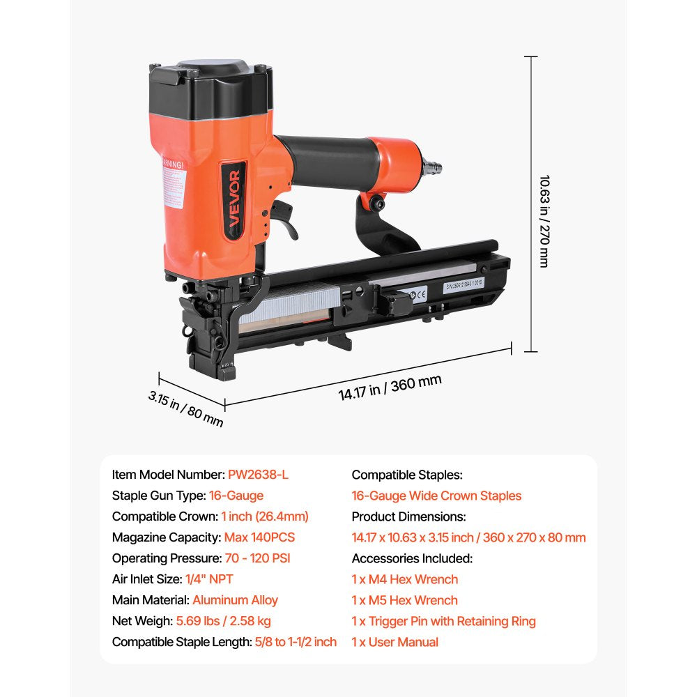 VEVOR Pneumatic Staple Gun, 16 Gauge 1-inch Wide Crown Pneumatic Stapler 5/8" to 1-1/2" Length, 70-120PSI Air Staple Gun with Two Firing Modes for Roof Decking, Wall Sheathing, Fencing, Subflooring