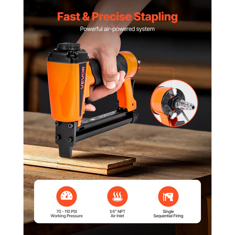 VEVOR Pneumatic Staple Gun, 21 Gauge Pneumatic Upholstery Stapler for 80 Series 1/2-inch Crown 1/4"-5/8" Length Staples, 70-110 PSI Air Staple Gun for Woodworking, Upholstering, Crafts, DIY Projects