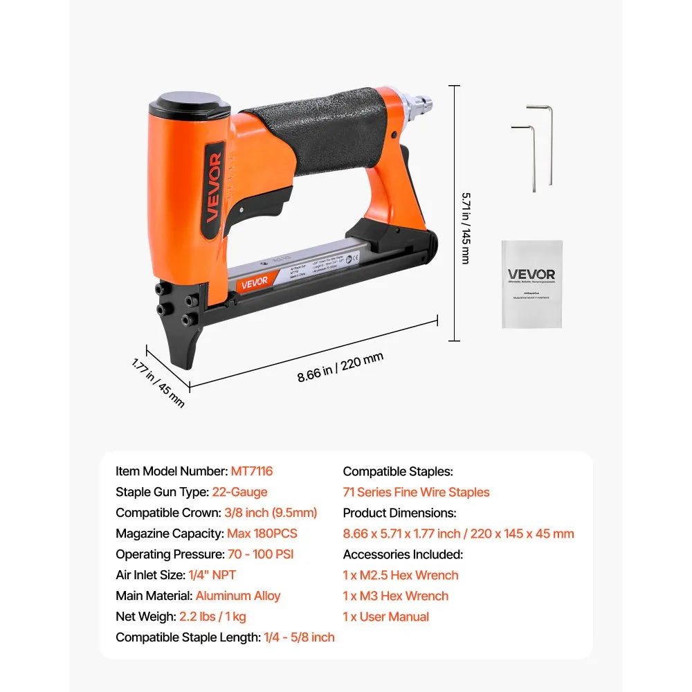 VEVOR Pneumatic Staple Gun, 22 Gauge Air Upholstery Stapler for 71 Series Fine Wire Staples 3/8" Crown 1/4"-5/8" Length, Max 180PCS Loading Air Staple Gun for Upholstering, Woodworking, DIY Projects
