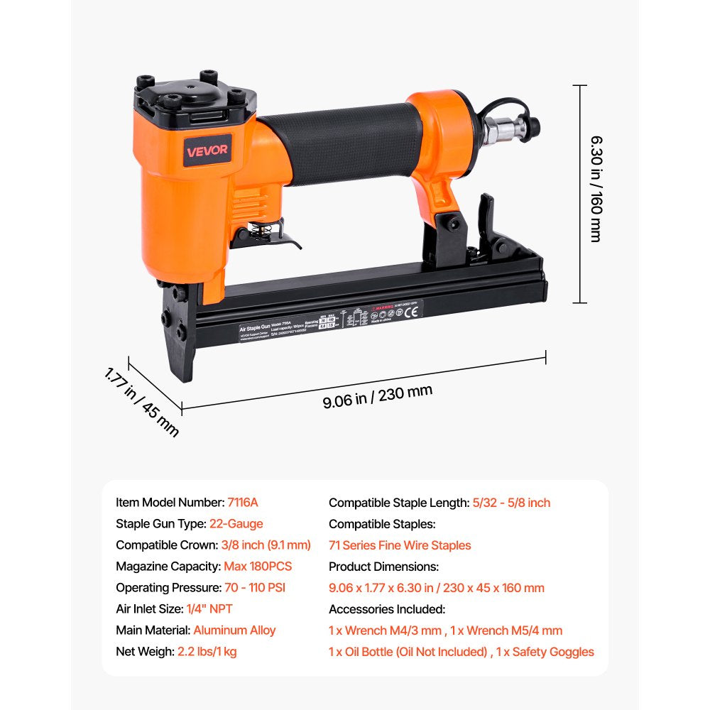 VEVOR Pneumatic Staple Gun, 22 Gauge Pneumatic Upholstery Stapler for 71 Series Fine Wire Staples 3/8-inch Crown 5/32"-5/8" Length, 70-110 PSI Air Staple Gun for Woodworking, Upholstering, DIY Project