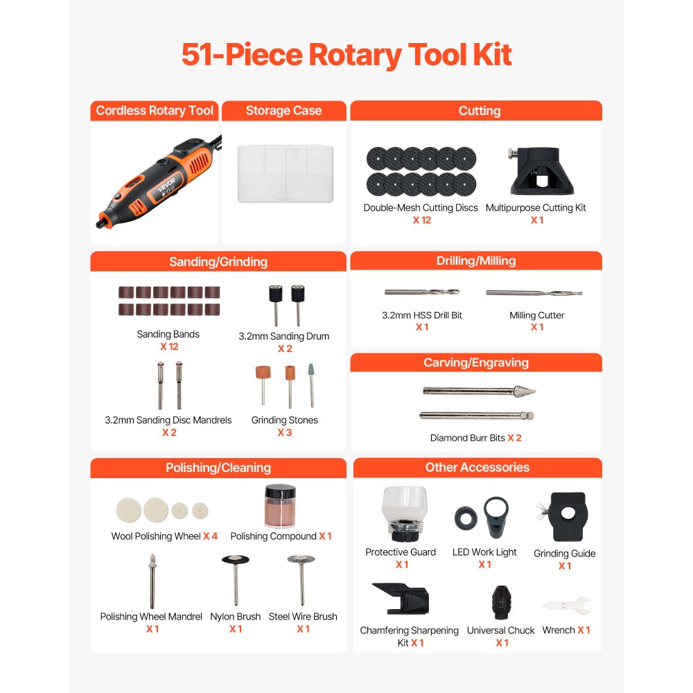 VEVOR 51-Piece Rotary Tool Kit, 200W Mini Power Rotary Tool Corded, 8000-40000RPM Multi-Purpose DIY Tools with Universal Chuck for Engraving, Sanding, Grinding, Polishing, Cutting, DIY Crafts