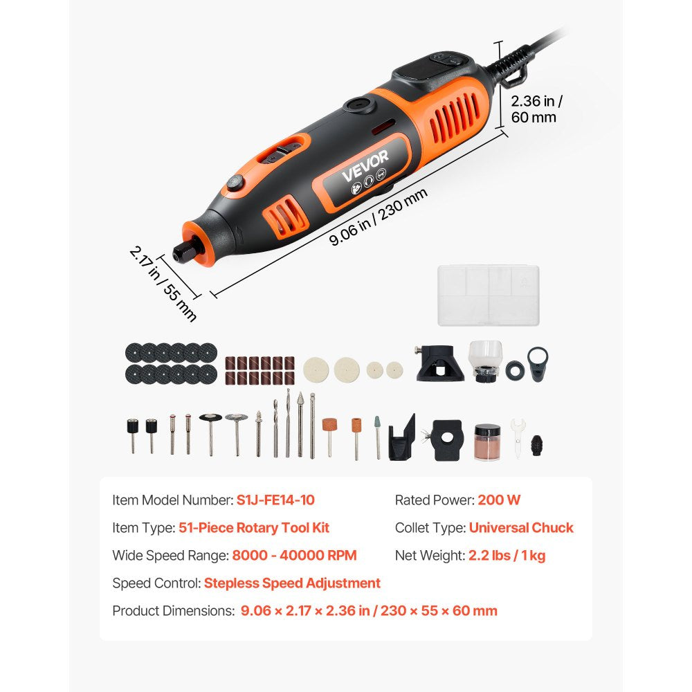 VEVOR 51-Piece Rotary Tool Kit, 200W Mini Power Rotary Tool Corded, 8000-40000RPM Multi-Purpose DIY Tools with Universal Chuck for Engraving, Sanding, Grinding, Polishing, Cutting, DIY Crafts