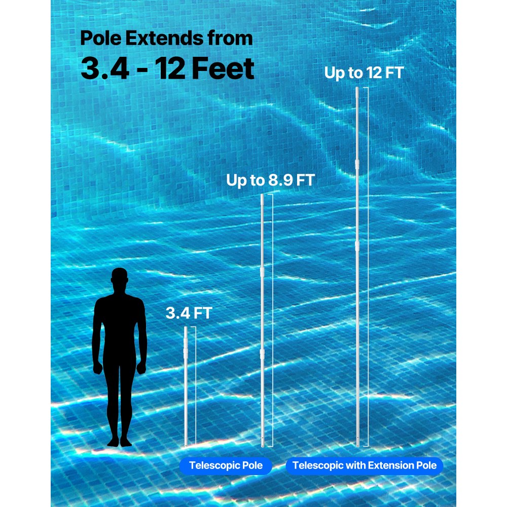 VEVOR Pool Pole, 3.4 to 12 Ft Telescoping Swimming Pool Cleaning Poles, Professional Adjustable Telescopic Pole with Extension Pole, Heavy Duty Cleaner Stick for Skimmer Net, Rake, Brush, Vacuum Head