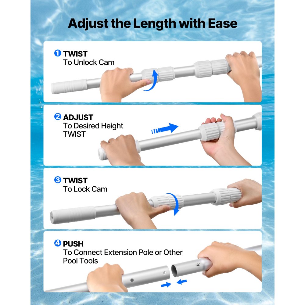 VEVOR Pool Pole, 3.4 to 12 Ft Telescoping Swimming Pool Cleaning Poles, Professional Adjustable Telescopic Pole with Extension Pole, Heavy Duty Cleaner Stick for Skimmer Net, Rake, Brush, Vacuum Head