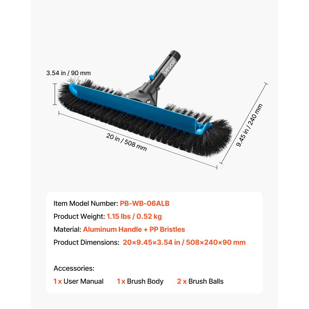 VEVOR Pool Brush Head, 20 Inch Scrub Brushes with Nylon Bristles and Aluminum Pole Connector, Heavy Duty Curved Brush Head for Cleaning Inground/Above Ground Swimming Pool Walls, Pole Not Included