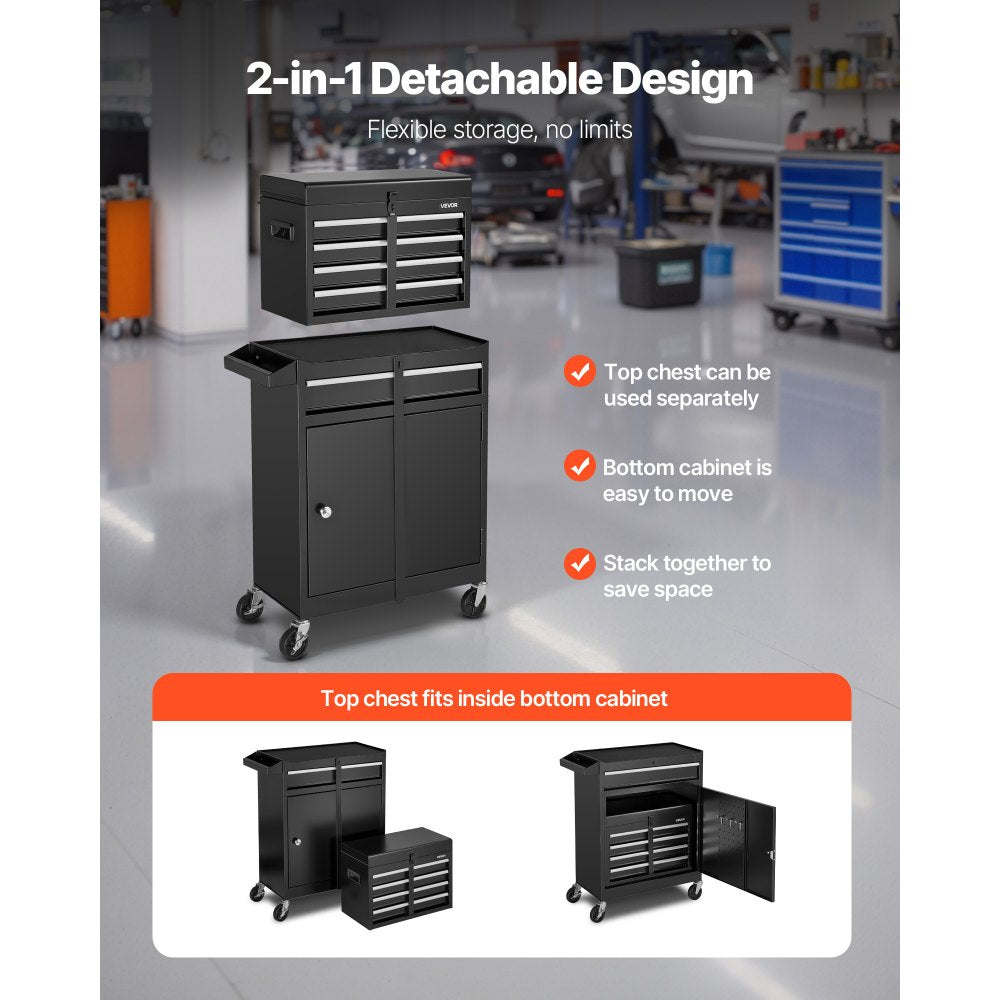 VEVOR Rolling Tool Chest, 2-in-1 Design, 5 Drawers Tool Cabinet Organizer with Detachable Top Metal Toolbox, Lock Bar, Protective Liner, and Tools Rack, Garage Storage Cabinet for Warehouse, Workshop