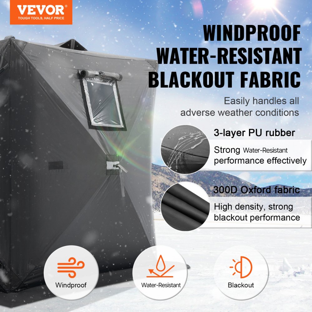 VEVOR Portable Ice Shelter, 1-2 Person Pop-Up Ice Fishing Tent, 24 Square Feet Fishable Area, Ice Shanty for Winter Fishing, Waterproof Oxford Ice Cube with Anchors/Ropes/Carrying Bag, 60"x60", Black
