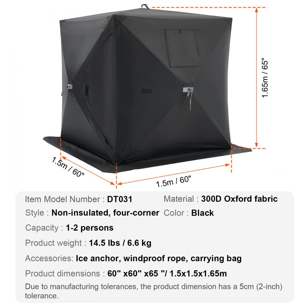 VEVOR Portable Ice Shelter, 1-2 Person Pop-Up Ice Fishing Tent, 24 Square Feet Fishable Area, Ice Shanty for Winter Fishing, Waterproof Oxford Ice Cube with Anchors/Ropes/Carrying Bag, 60"x60", Black