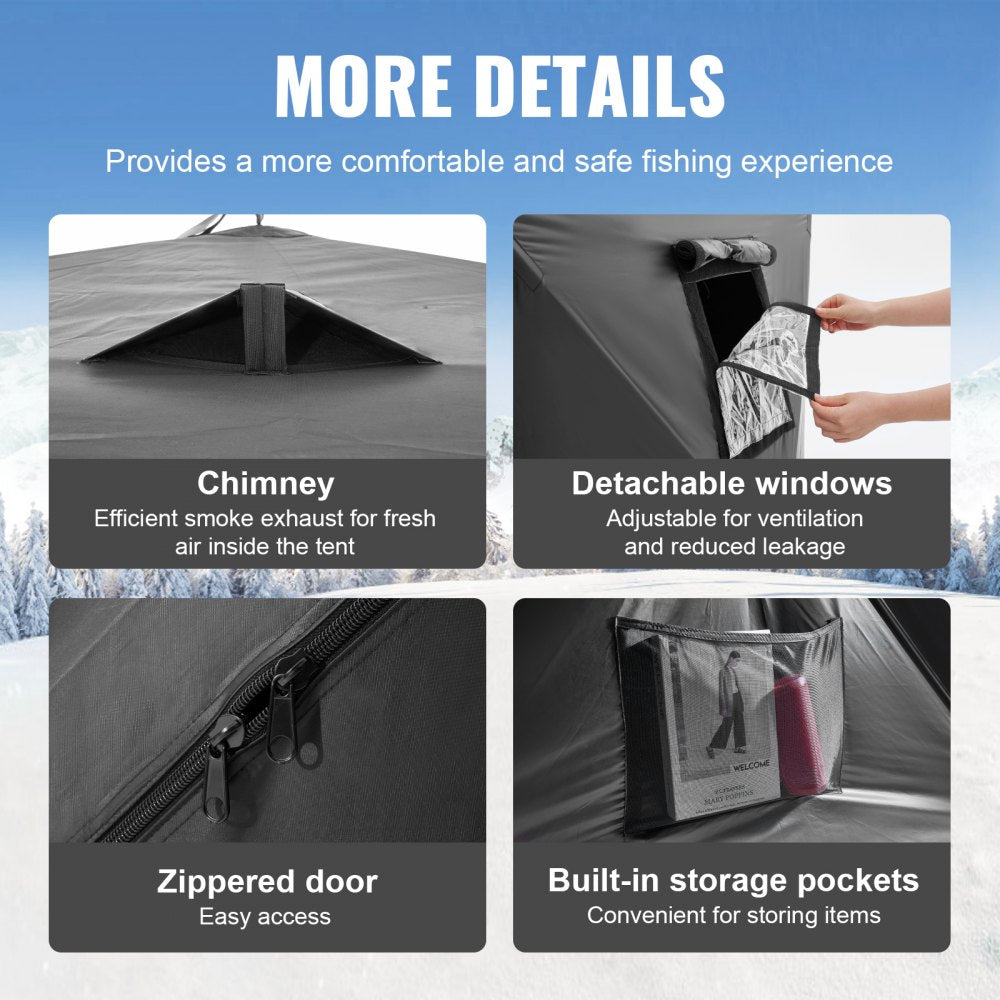 VEVOR Portable Ice Shelter, 3-4 Person Pop-Up Ice Fishing Tent, 35 Square Feet Fishable Area, Ice Shanty for Winter Fishing, Waterproof Oxford Ice Cube with Anchors/Ropes/Carrying Bag, 71"x71", Black