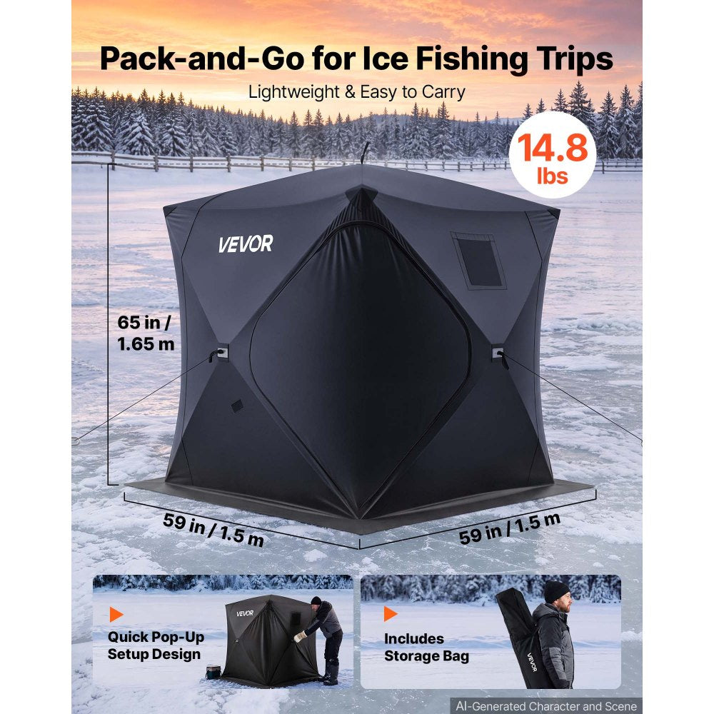 VEVOR Pop Up Ice Fishing Tent 1-2 Person 59 x 59 x 65 in Portable Shelter, for Winter Fishing, 24 sq ft Area, 300D Oxford Fabric Hub-Style Shanty, Ice Cube with Anchors, Ropes, Carrying Bag, Black