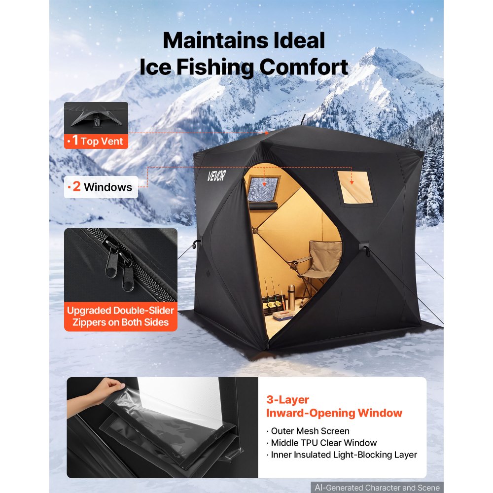 VEVOR Pop Up Ice Fishing Tent 1-2 Person 59 x 59 x 65 in Portable Shelter, for Winter Fishing, 24 sq ft Area, 300D Oxford Fabric Hub-Style Shanty, Ice Cube with Anchors, Ropes, Carrying Bag, Black