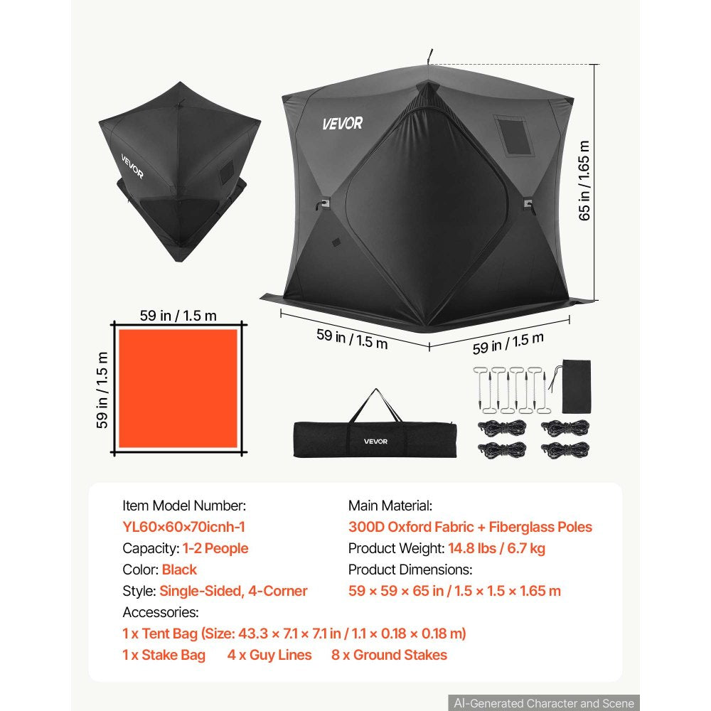 VEVOR Pop Up Ice Fishing Tent 1-2 Person 59 x 59 x 65 in Portable Shelter, for Winter Fishing, 24 sq ft Area, 300D Oxford Fabric Hub-Style Shanty, Ice Cube with Anchors, Ropes, Carrying Bag, Black