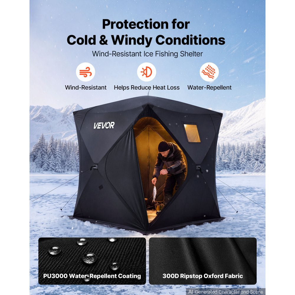 VEVOR Pop Up Ice Fishing Tent 3-4 Person 71 x 71 x 79 in Portable Shelter, for Winter Fishing, 34 sq ft Area, 300D Oxford Fabric Hub-Style Shanty, Ice Cube with Anchors, Ropes, Carrying Bag, Black