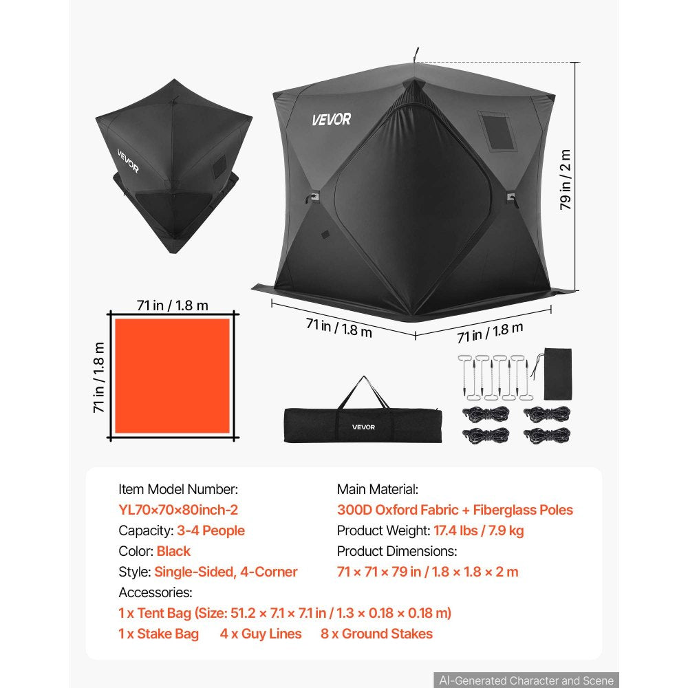 VEVOR Pop Up Ice Fishing Tent 3-4 Person 71 x 71 x 79 in Portable Shelter, for Winter Fishing, 34 sq ft Area, 300D Oxford Fabric Hub-Style Shanty, Ice Cube with Anchors, Ropes, Carrying Bag, Black