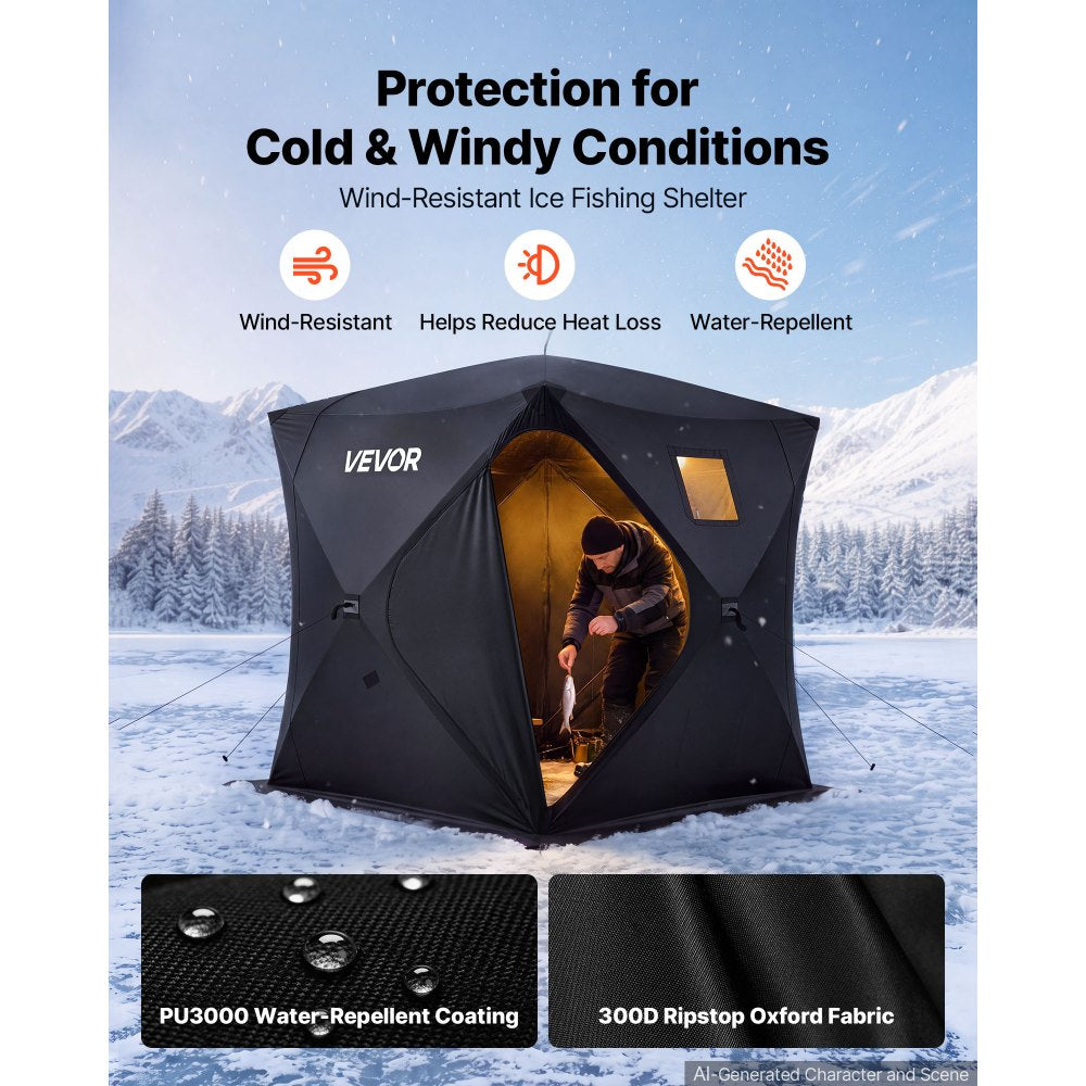VEVOR Pop Up Ice Fishing Tent 3-4 Person 90 x 90 x 77 in Portable Shelter, for Winter Fishing, 58 sq ft Area, 300D Oxford Fabric Hub-Style Shanty, Ice Cube with Anchors, Ropes, Carrying Bag, Black