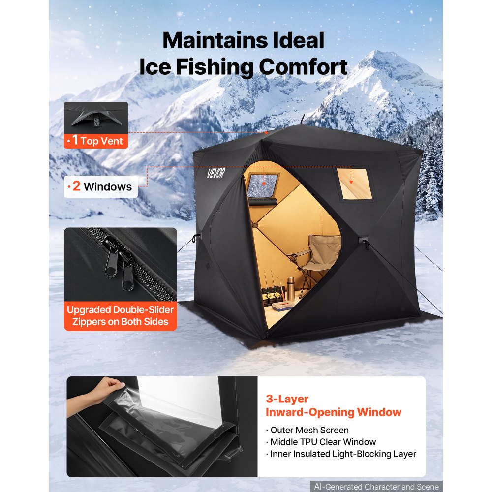 VEVOR Pop Up Ice Fishing Tent 3-4 Person 90 x 90 x 77 in Portable Shelter, for Winter Fishing, 58 sq ft Area, 300D Oxford Fabric Hub-Style Shanty, Ice Cube with Anchors, Ropes, Carrying Bag, Black
