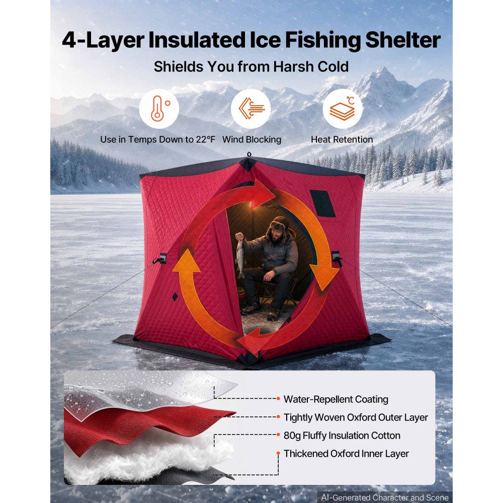 VEVOR Pop Up Ice Fishing Tent 3-4 Person 71 x 71 x 79 in Insulated Shelter, for Winter Fishing, 34 sq ft Area, 600D 4-Layer Fabric, Portable Hub-Style Shanty Cube with Anchors, Ropes, Carry Bag, Red