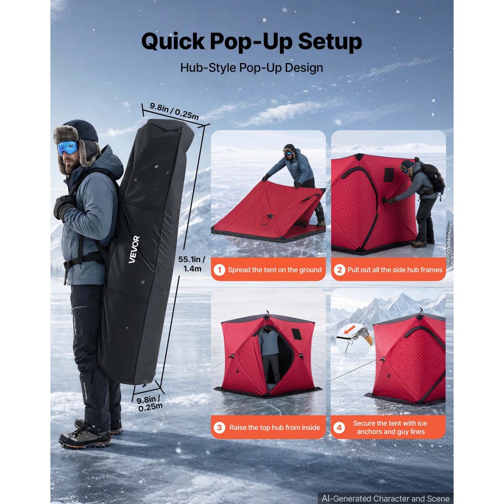 VEVOR Pop Up Ice Fishing Tent 3-4 Person 71 x 71 x 79 in Insulated Shelter, for Winter Fishing, 34 sq ft Area, 600D 4-Layer Fabric, Portable Hub-Style Shanty Cube with Anchors, Ropes, Carry Bag, Red
