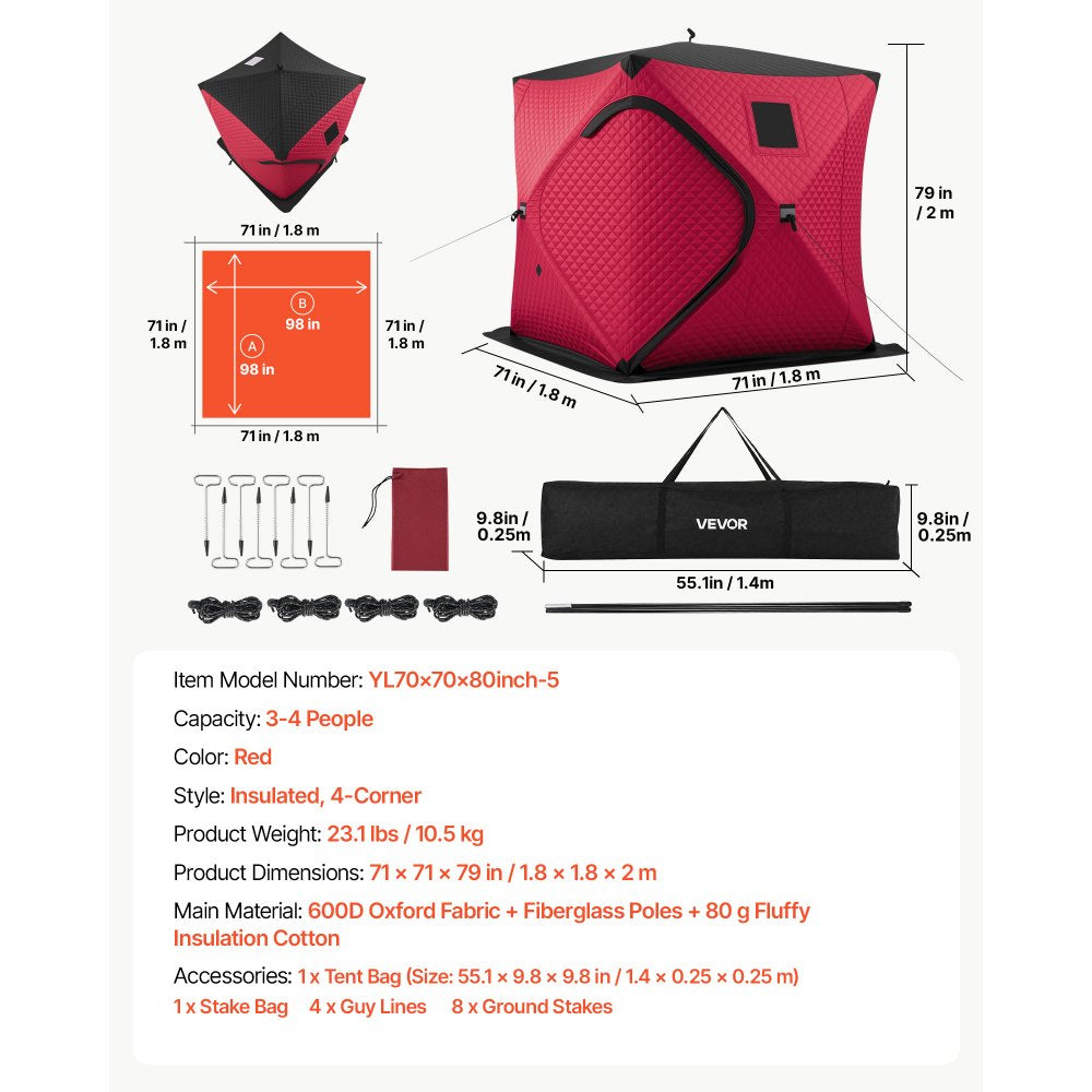 VEVOR Pop Up Ice Fishing Tent 3-4 Person 71 x 71 x 79 in Insulated Shelter, for Winter Fishing, 34 sq ft Area, 600D 4-Layer Fabric, Portable Hub-Style Shanty Cube with Anchors, Ropes, Carry Bag, Red