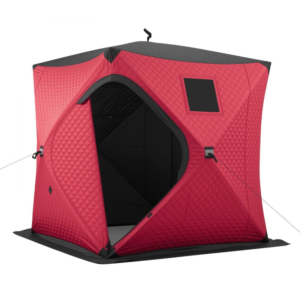 VEVOR Pop Up Ice Fishing Tent 3-4 Person 71 x 71 x 79 in Insulated Shelter, for Winter Fishing, 34 sq ft Area, 600D 4-Layer Fabric, Portable Hub-Style Shanty Cube with Anchors, Ropes, Carry Bag, Red