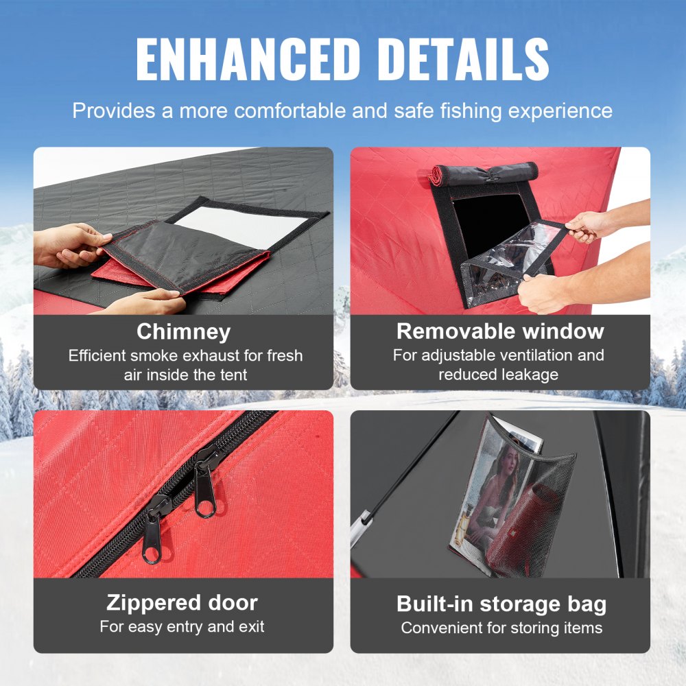 VEVOR Portable Ice Shelter, 1-2 Person Insulated Pop-Up Ice Fishing Tent, 24 Square Feet Fishable Area, Thermal Ice Shanty for Winter Fishing, Ice Cube with Anchors, Ropes, Carrying Bag, 60"x60", Red