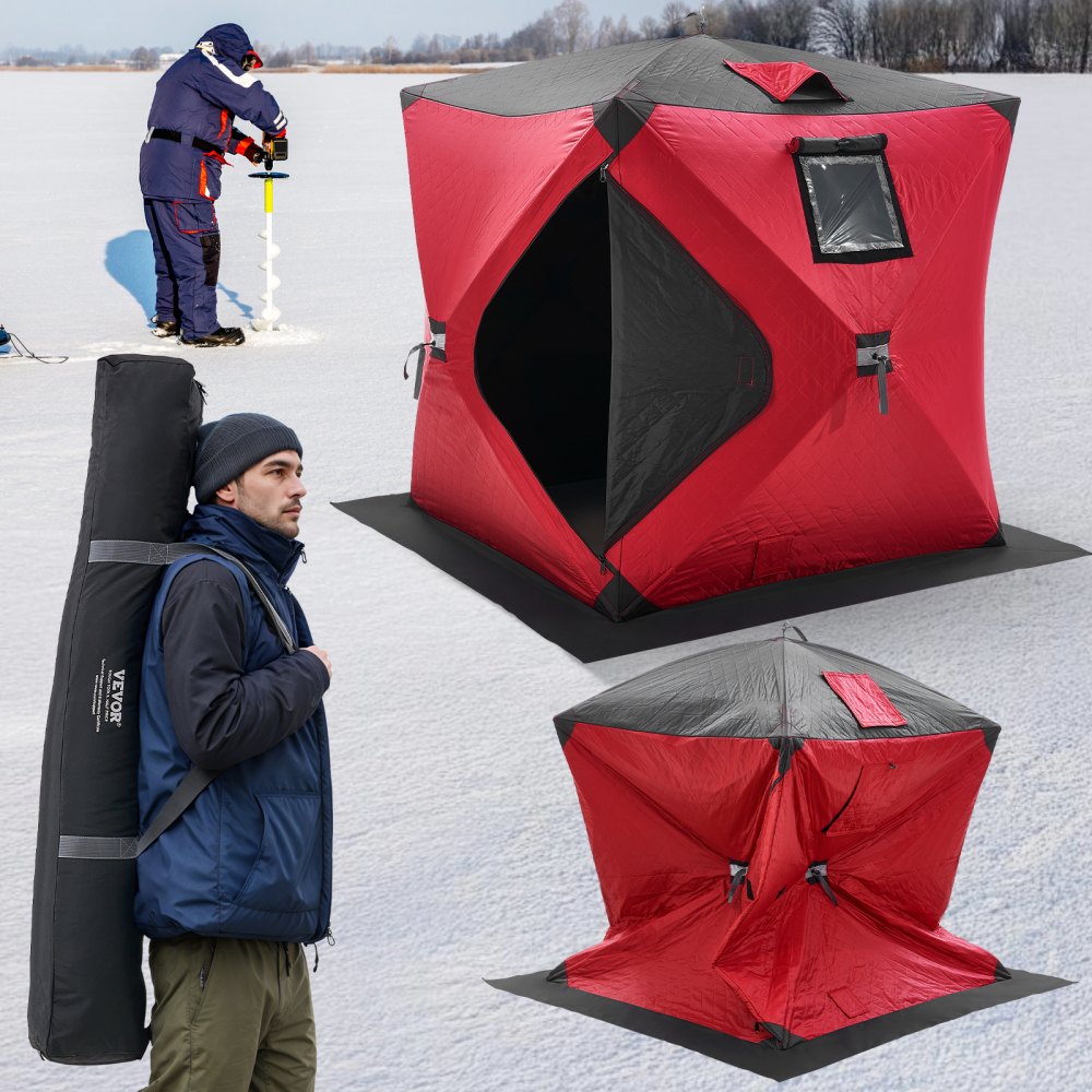 VEVOR Portable Ice Shelter, 1-2 Person Insulated Pop-Up Ice Fishing Tent, 24 Square Feet Fishable Area, Thermal Ice Shanty for Winter Fishing, Ice Cube with Anchors, Ropes, Carrying Bag, 60"x60", Red