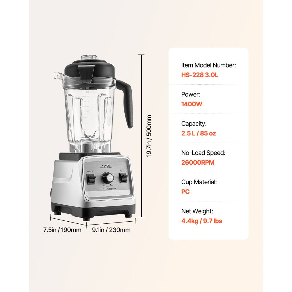 VEVOR Blender for Smoothies, 85 oz 1400W, Professional Blender with Powerful Motor, Multi-Functional Food Processing Blender for Smoothie/Milkshake/Juice, Fits for Kitchen