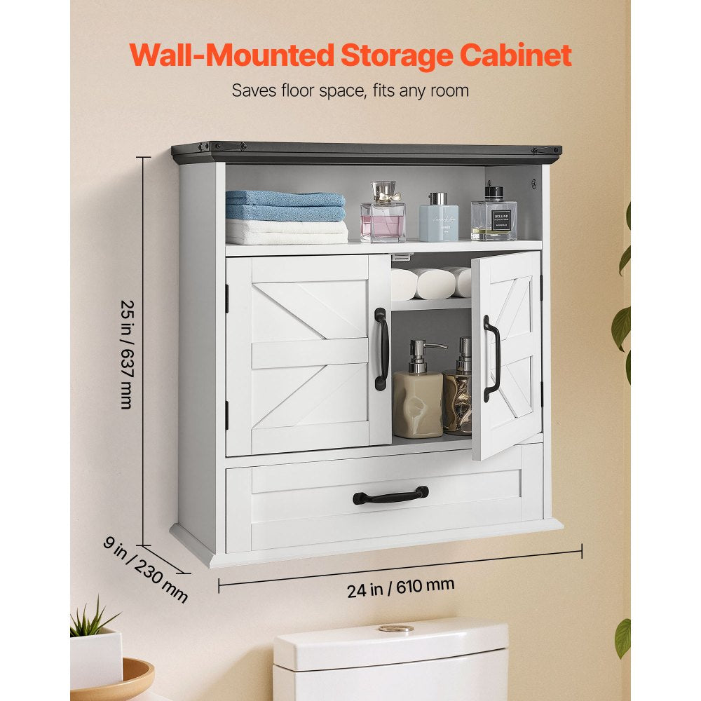 VEVOR Bathroom Wall Cabinet, 2 Doors & Adjustable Shelf, Over the Toilet Storage Medicine Cabinet Wall Mounted, Hanging Organizer with Drawer & Open Partition for Laundry Room Kitchen Restroom, White