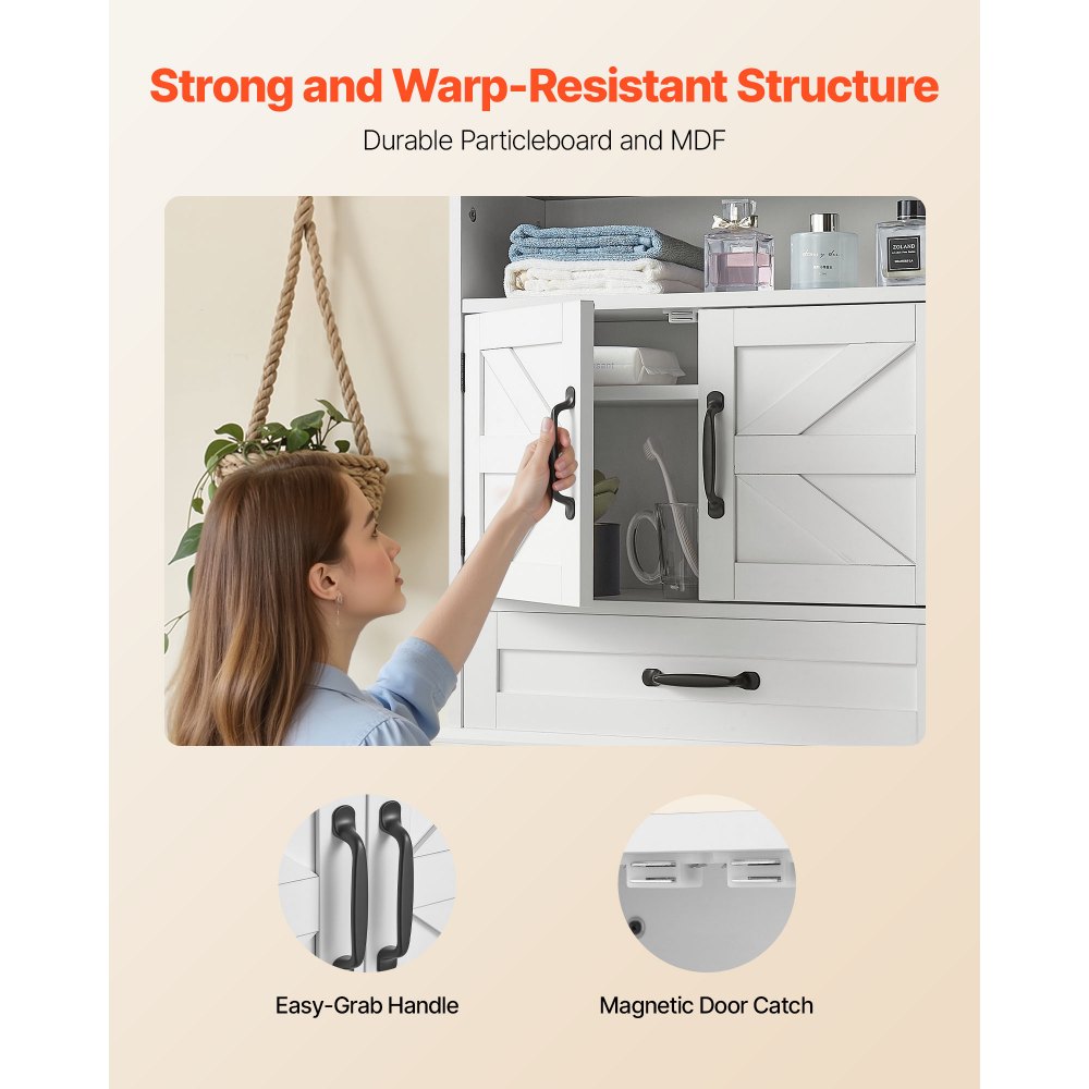 VEVOR Bathroom Wall Cabinet, 2 Doors & Adjustable Shelf, Over the Toilet Storage Medicine Cabinet Wall Mounted, Hanging Organizer with Drawer & Open Partition for Laundry Room Kitchen Restroom, White