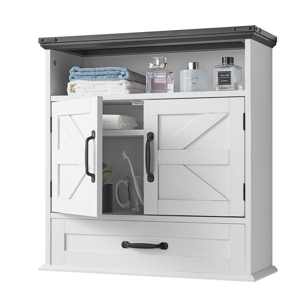 VEVOR Bathroom Wall Cabinet, 2 Doors & Adjustable Shelf, Over the Toilet Storage Medicine Cabinet Wall Mounted, Hanging Organizer with Drawer & Open Partition for Laundry Room Kitchen Restroom, White