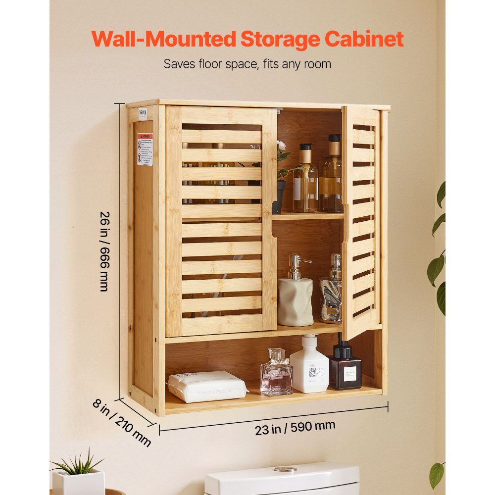 VEVOR Bathroom Wall Cabinet, 2 Doors and Adjustable Shelf, Over the Toilet Storage Medicine Cabinet Wall Mounted, Hanging Organizer with Shelves and Open Partition for Laundry Room Kitchen Restroom