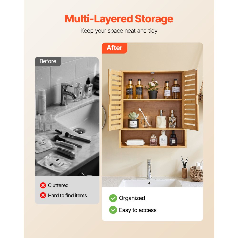 VEVOR Bathroom Wall Cabinet, 2 Doors and Adjustable Shelf, Over the Toilet Storage Medicine Cabinet Wall Mounted, Hanging Organizer with Shelves and Open Partition for Laundry Room Kitchen Restroom