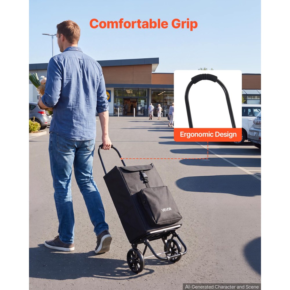VEVOR Shopping Cart with Wheels Foldable Trolley Dolly for Groceries Black, 2-in-1 Rolling Utility Cart with Detachable Bag, Soft Foam Handle, Storage Compartments, Compact for Market Laundry Camping