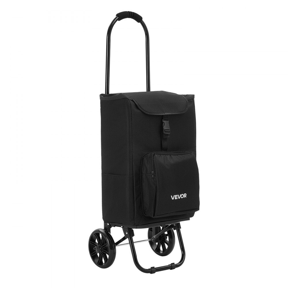 VEVOR Shopping Cart with Wheels Foldable Trolley Dolly for Groceries Black, 2-in-1 Rolling Utility Cart with Detachable Bag, Soft Foam Handle, Storage Compartments, Compact for Market Laundry Camping