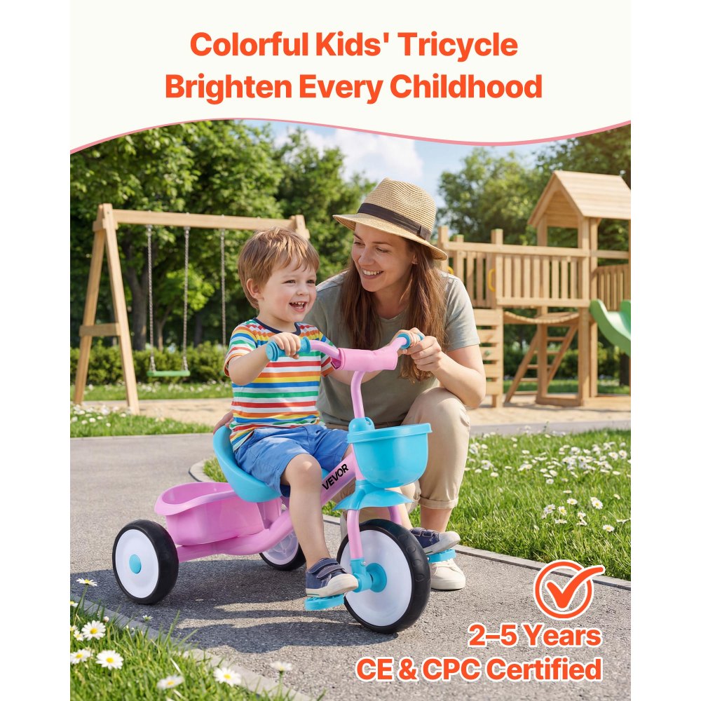 VEVOR Toddler Tricycle for 2-5 Year Old, Kids Trike with Adjustable Seat, Storage Basket, Carbon Steel Frame, Handlebar Grips for Outdoor Play, Tricycle for Toddlers, Birthday Toy for Boys and Girls
